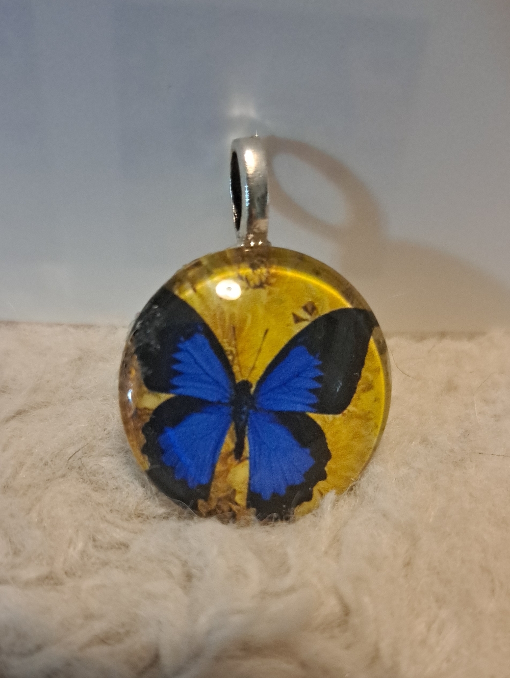 Hand crafted Blue Butterfly Glass Tile Pendant Necklace - Women Jewelry